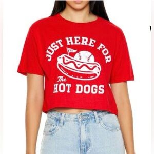 NWT! Forever 21 Red Just Here For the Hot Dogs Graphic Cropped Tee
